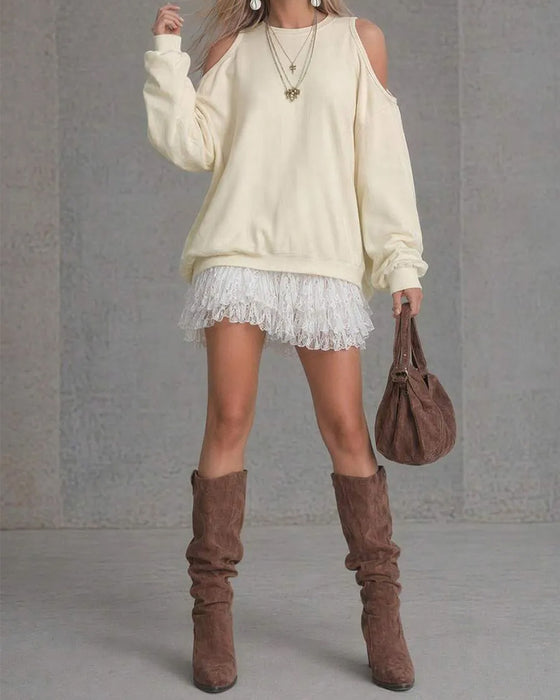 Cold Shoulder Lantern Sleeve Lace Patchwork Dress