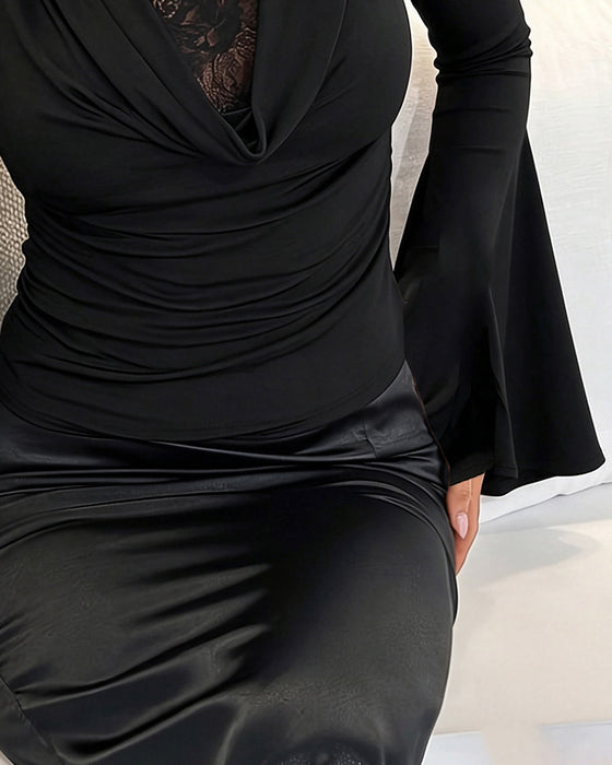 Mock Neck Lace Panel Flared Sleeve Top