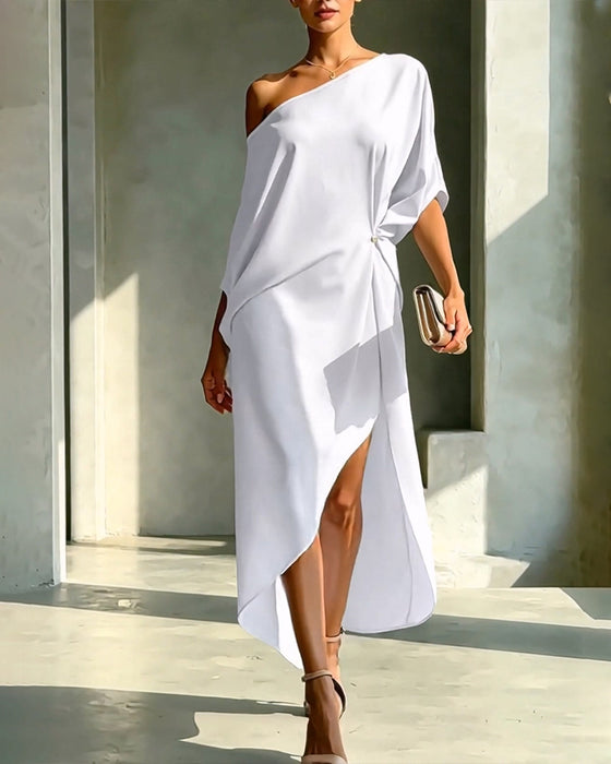Off-Shoulder Shirred Irregular Solid Dress