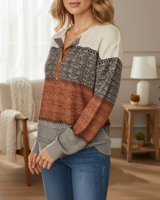 Button-Up Fashion Color Block Sweatshirt