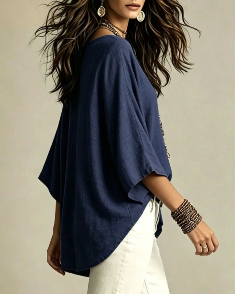 V-Neck Three-Quarter Sleeve Loose Blouse