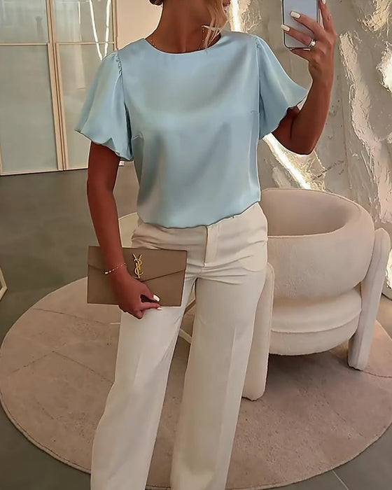 Satin Short-Sleeve Drape Blouses
