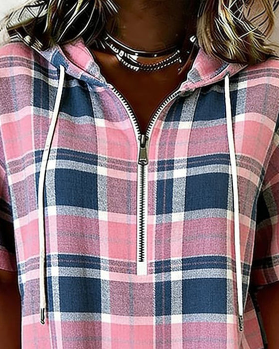Plaid Zip Hooded Three-Quarter-Sleeve Top