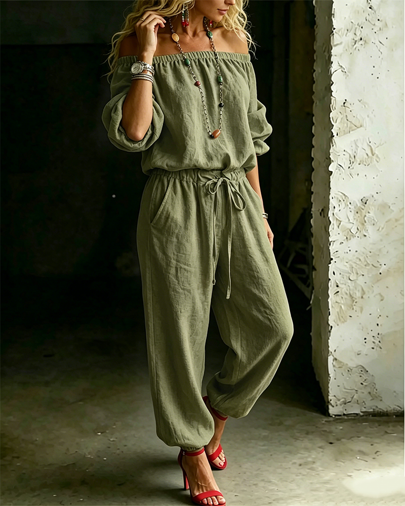 Off-Shoulder Tie Waist Cinched Waist Jumpsuit