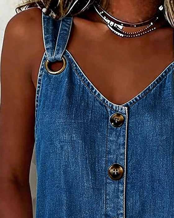 Metal Buckle V-Neck Denim Tank Top