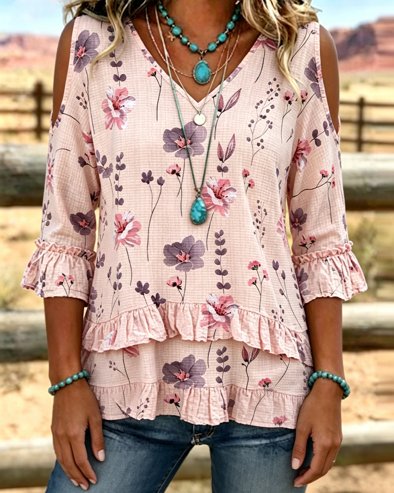 Floral Print Off Shoulder Ruffle Sleeve Blouse