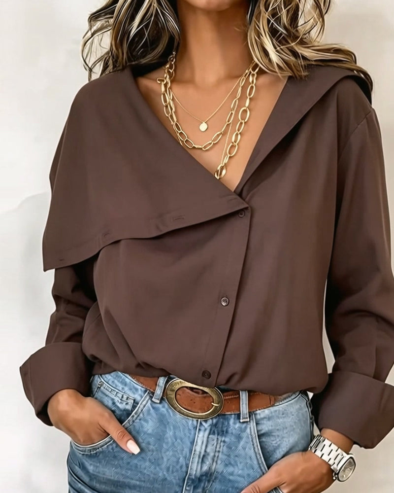 Deep V Asymmetric Button Lapel Blouse
