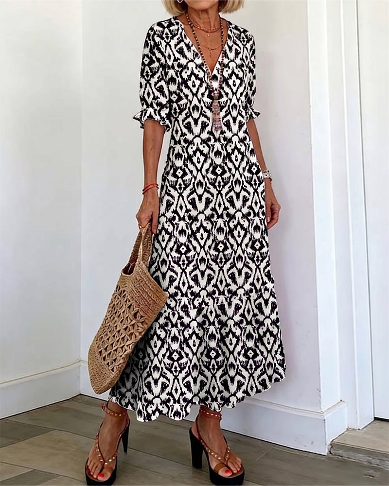 V-Neck Mid-Length Sleeve Ruffle A-Line Dress