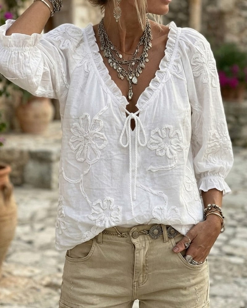 100% Cotton V-Neck Wrap Tie Ruffled Blouse