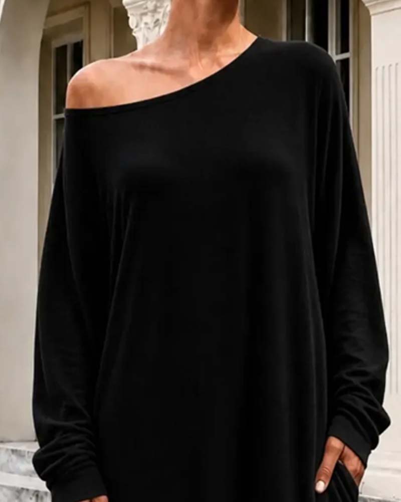 Asymmetric Off-Shoulder Long Sleeve Pocket Maxi Dress