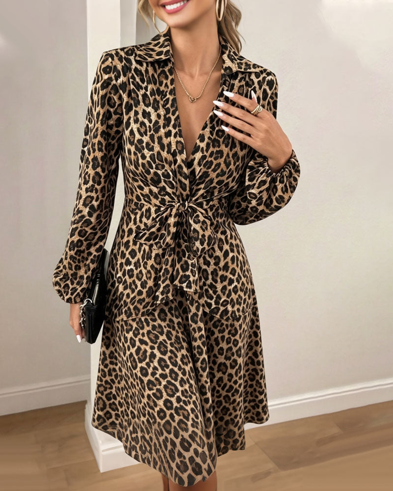 Leopard Print Lapel Waist Strapped Shirt Dress