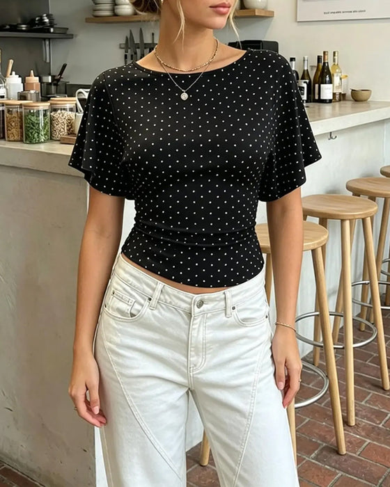 Polka Dot Waist-Cinching Round Neck Short Sleeve T-Shirt