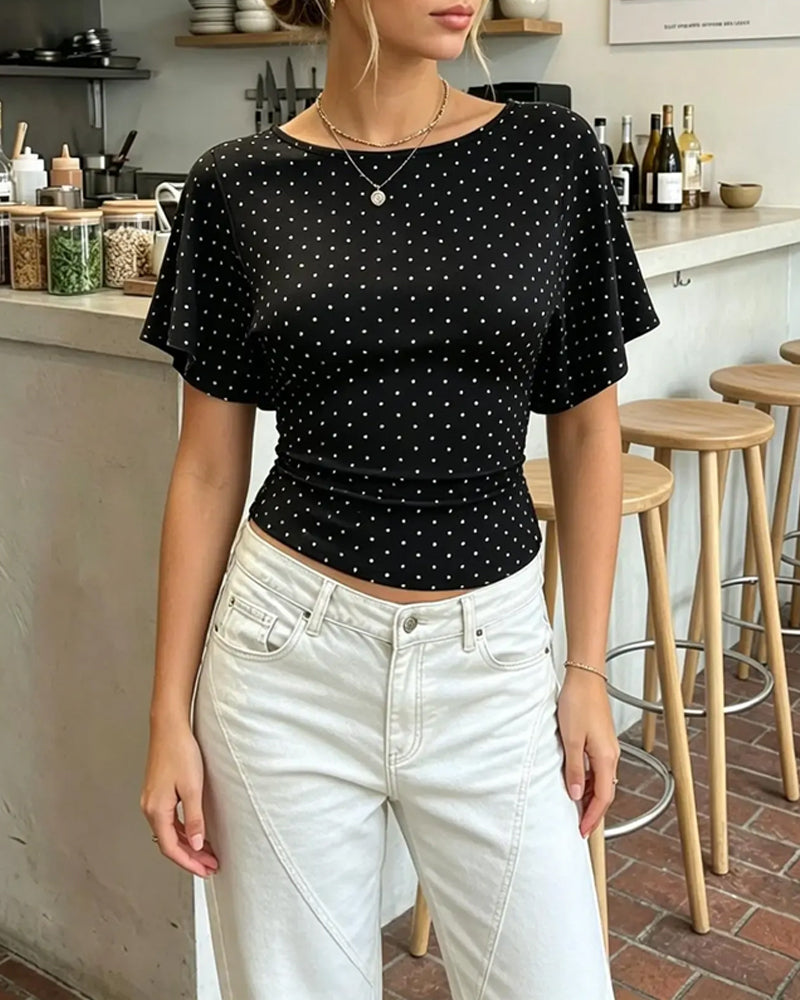 Polka Dot Waist-Cinching Round Neck Short Sleeve T-Shirt