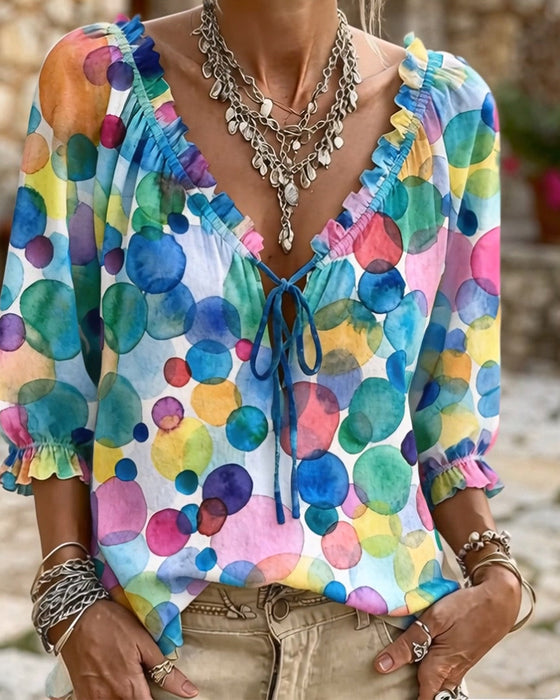 V-Neck Ruffle Sleeve Blouse