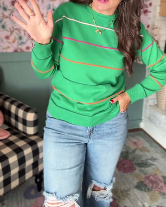 Casual Round Neck Striped Pullover Sweater