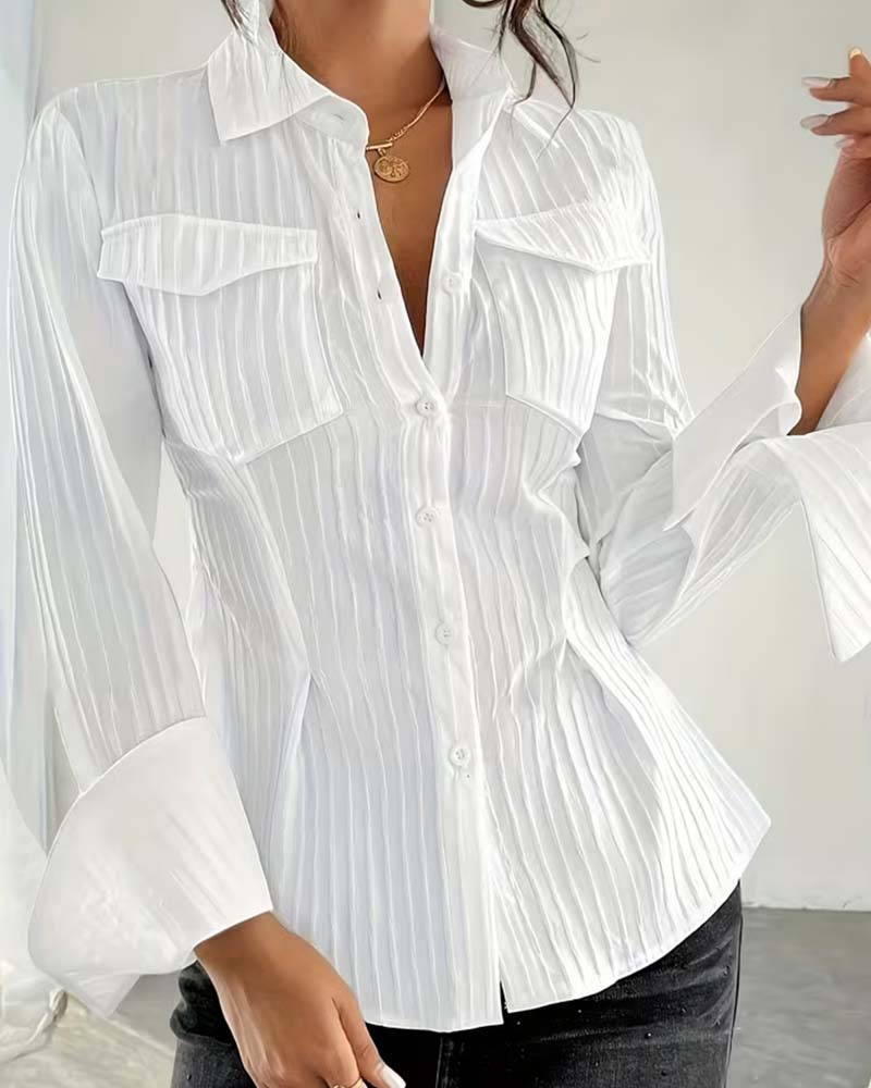 Pocket Striped Flare Sleeve Shirt
