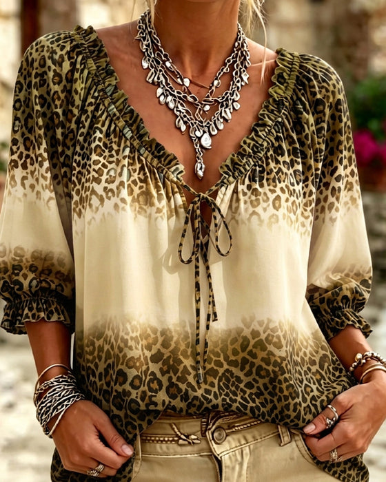 V-Neck Leopard Print Lace-Up Blouse