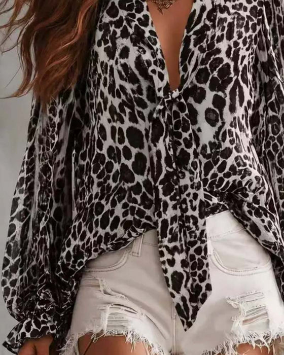 Sheer Leopard V‑Neck Long‑Sleeve Shirt