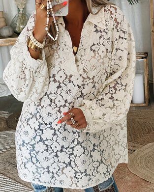 Floral Lace Lapel Long-Sleeved Blouse