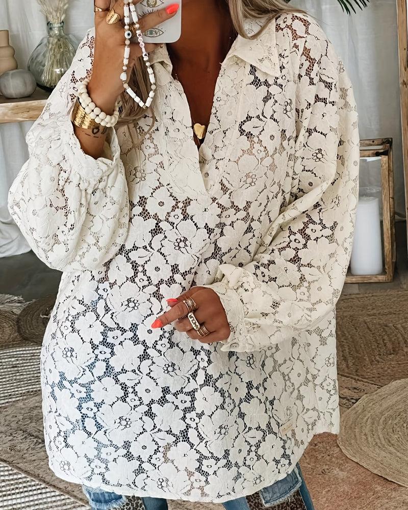 Floral Lace Lapel Long-Sleeved Blouse
