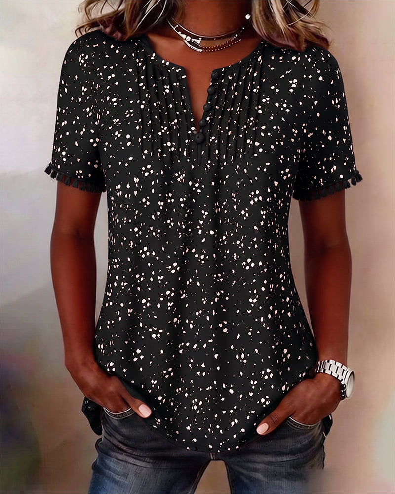 White Dot Fringe Short Sleeve Blouse