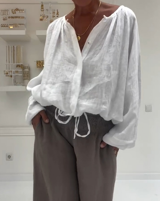 Long Sleeve Smocked Tie Blouse