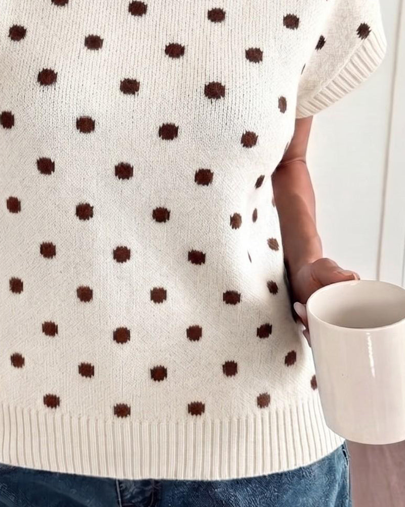 Turtleneck Polka Dot Short Sleeve Pullover