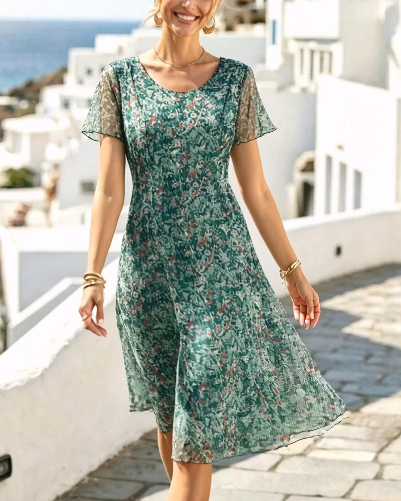 Floral Short Sleeve A-Line Dress