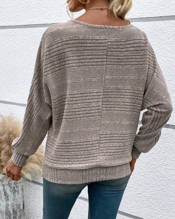 Solid Color Round Neck Long Sleeve Striped Top
