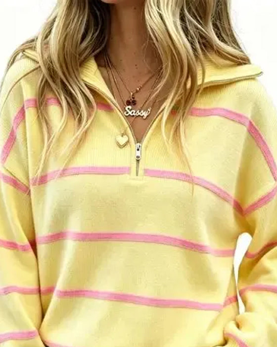 Lapel Zipper Striped Dropped Shoulder Pullover
