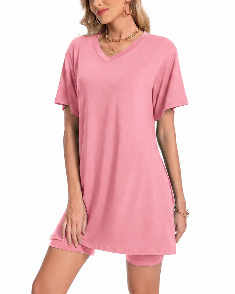 V-Neck Side Split Short Sleeve Set