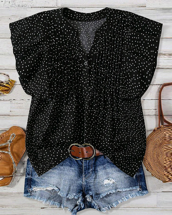 Ruffle Sleeve V-Neck Polka Dot Blouse