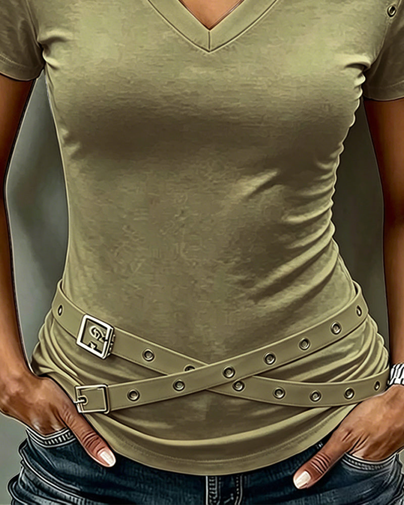 Cross Strap Hollow Out Slim Fit T-Shirt