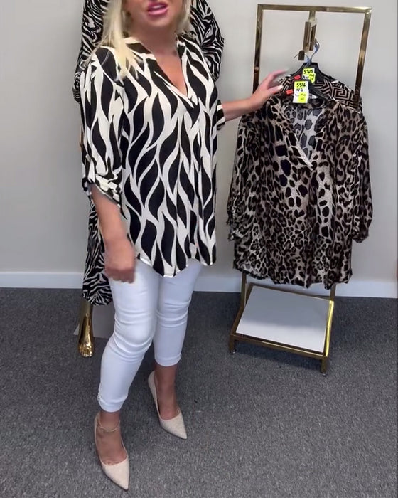 V-neck printed casual blouse