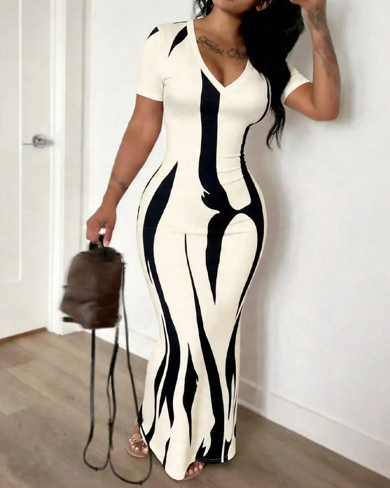 V-Neck Stripe Fitted Waist-Cinching Dress