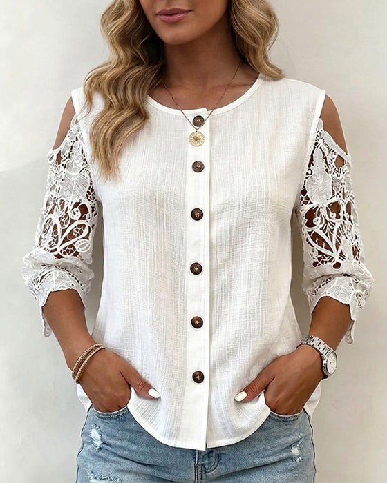 Cutout Off-Shoulder Button Blouse