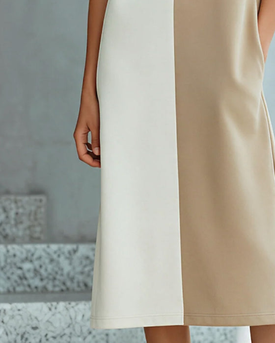 Color-Block Short-Sleeve Slit Knee-Length Dress