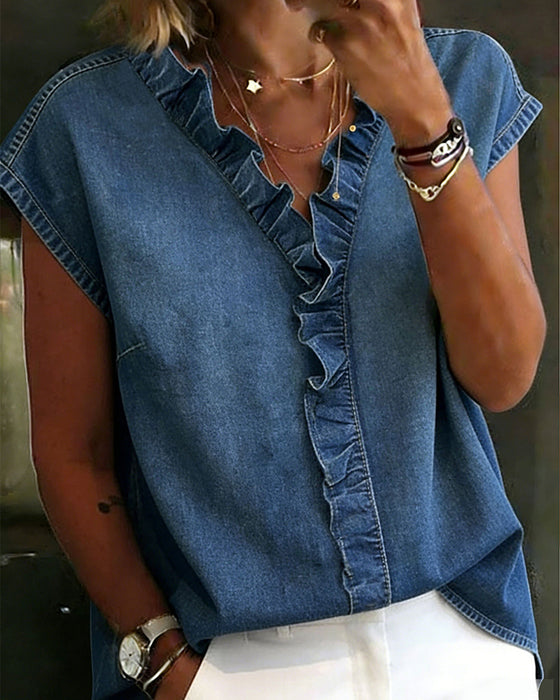 V-Neck Ruffle Hem Blouse