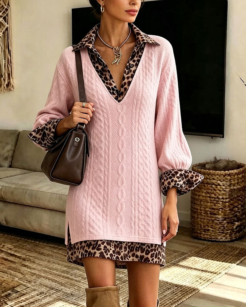 Lapel Leopard Fashion Slit Dress