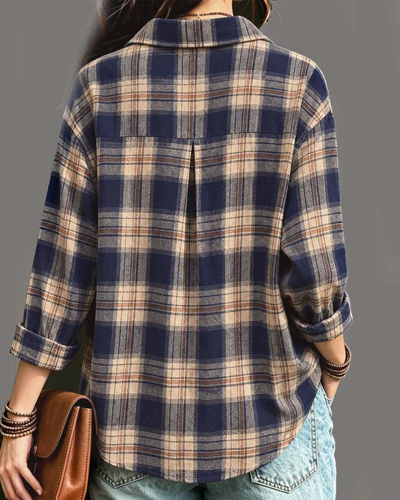 Collared Plaid Long-Sleeve Blouse
