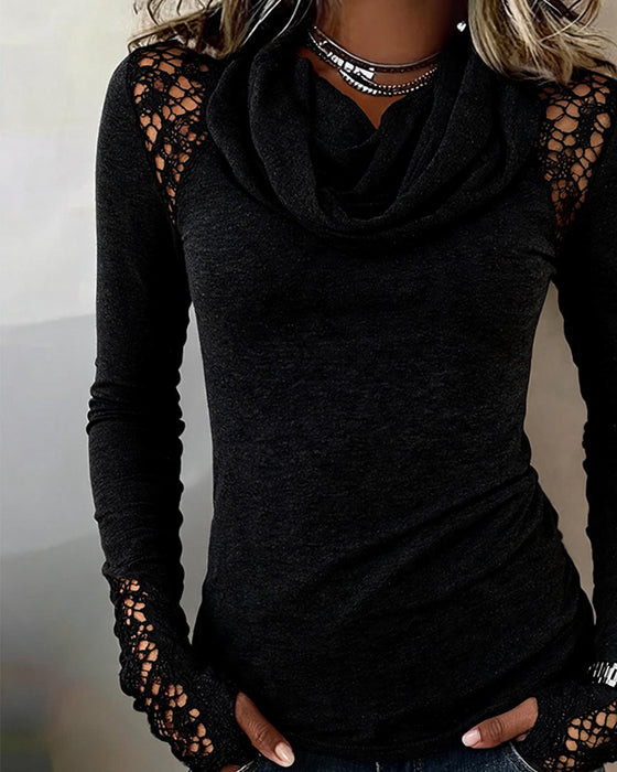 Slouchy Mock Neck Long Sleeve Cutout Blouse