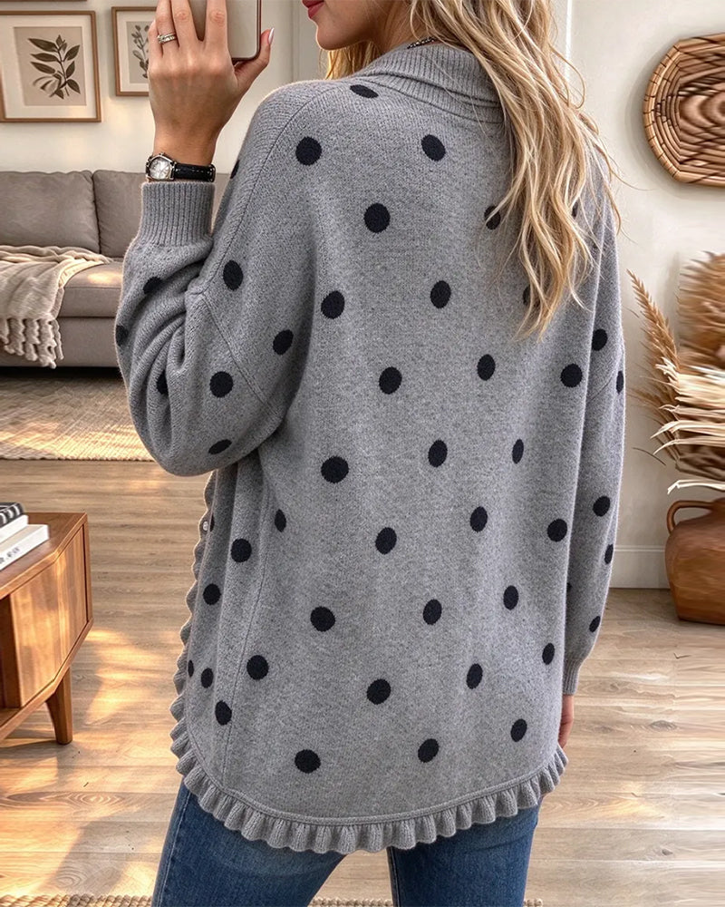 Lapel Ruffled Polka Dot Cardigan
