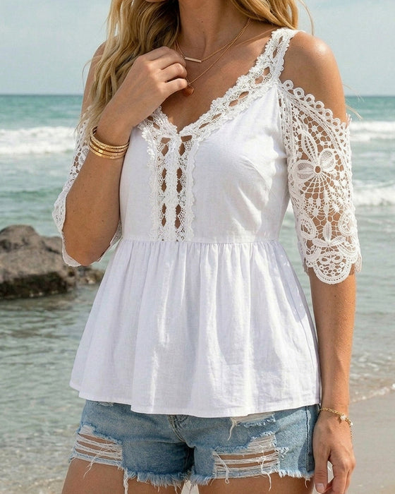 Cold Shoulder V-Neck Lace Patchwork Blouse