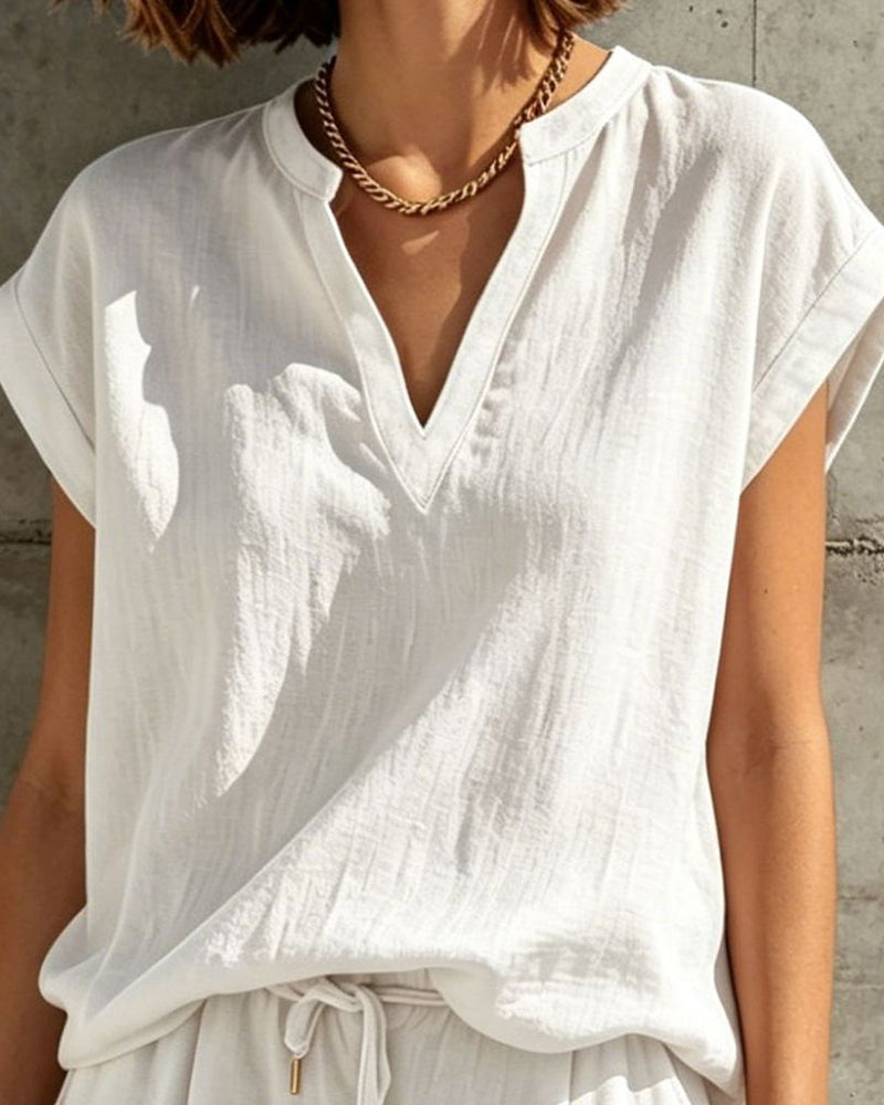 Sleeveless V-Neck Blouse with Drawstring Elastic Waist Pants Set