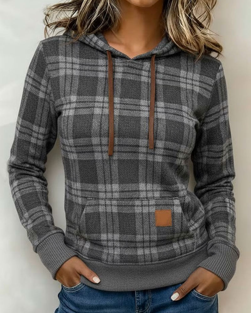 Long-Sleeved Plaid Casual Hoodie