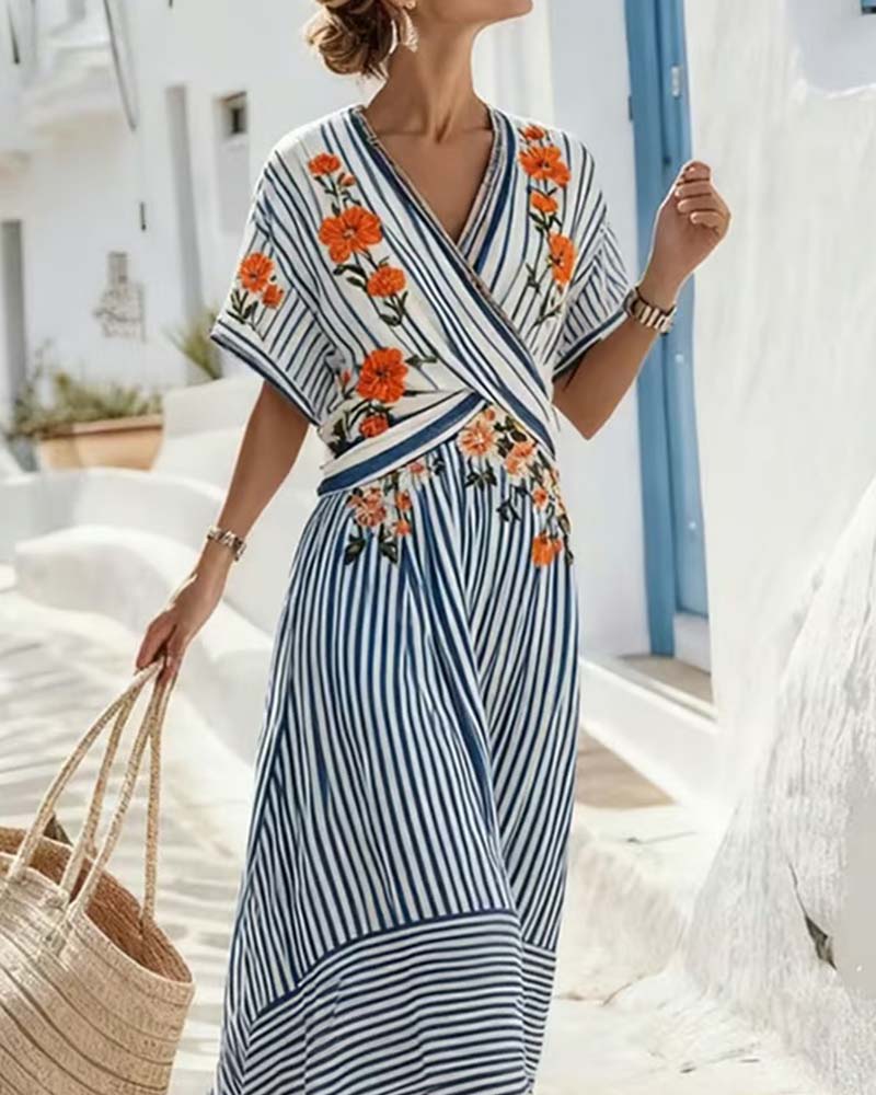 Striped V-Neck Wrap Maxi Dress