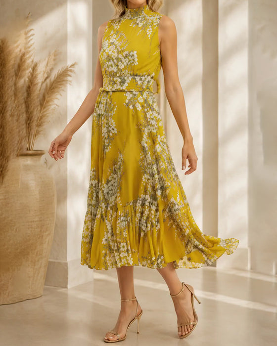 Mock Neck Sleeveless Waist-Cinching Floral Dress