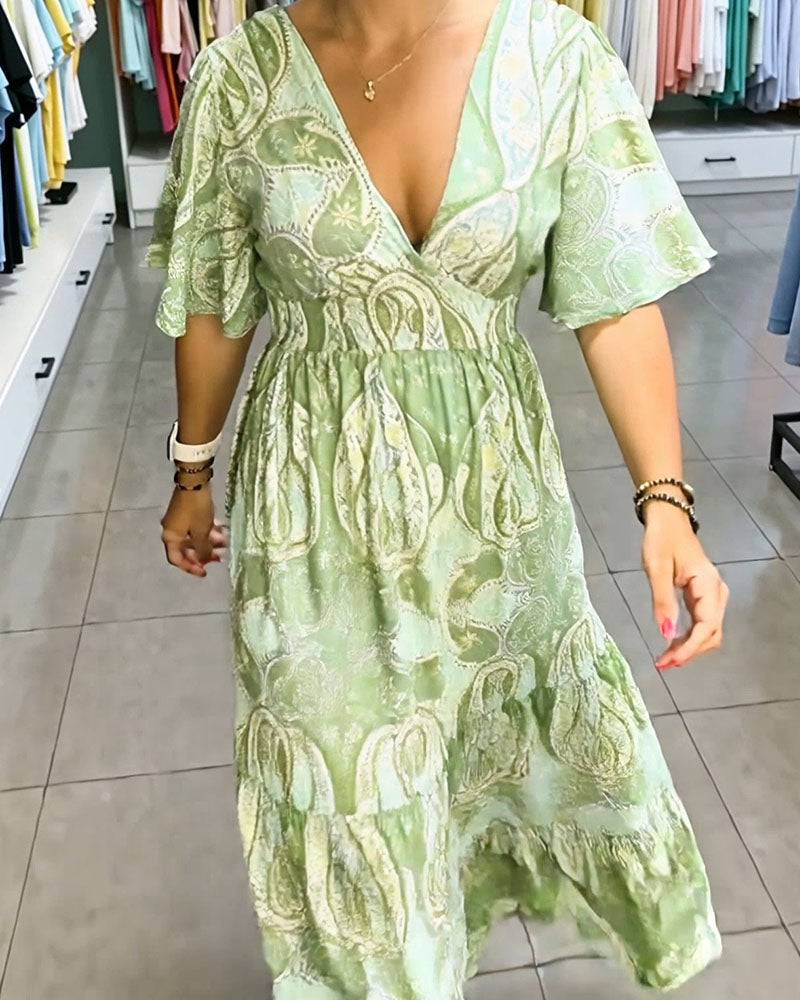 V-Neck Ruffle Print Dress