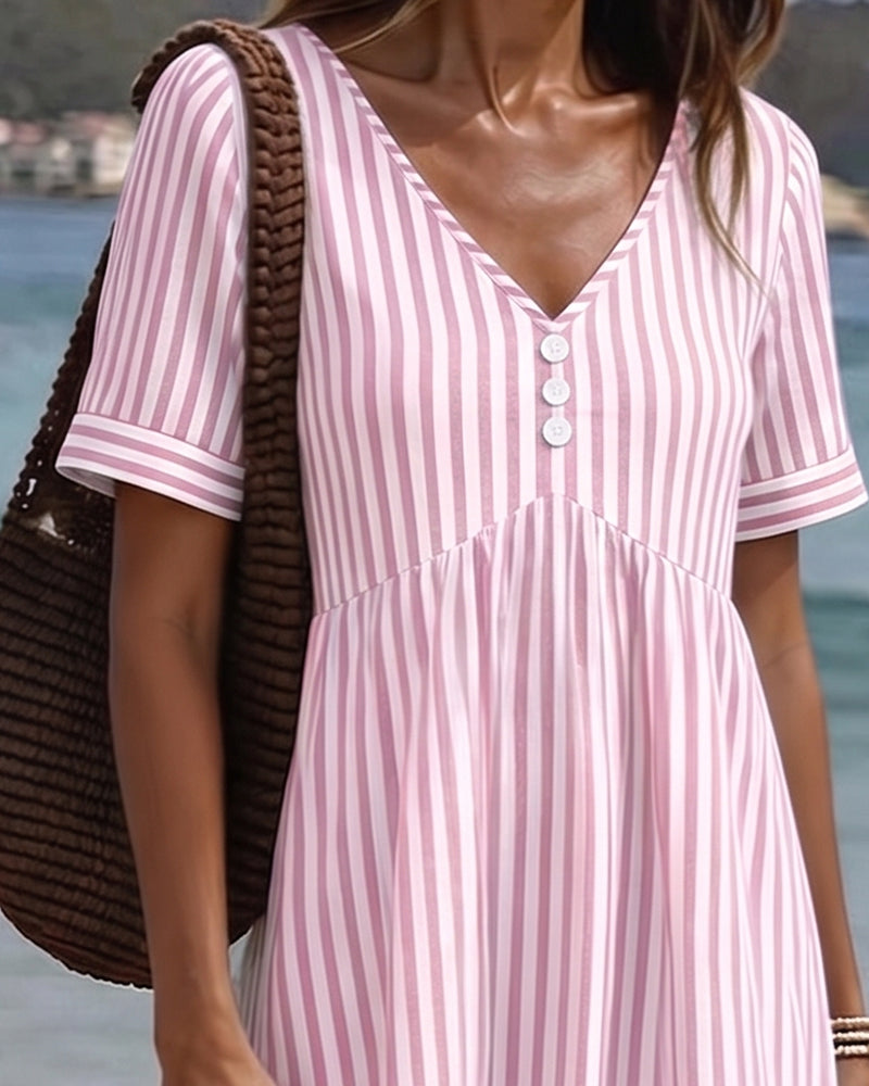 Vertical Stripe Babydoll V Neck A Line Dress