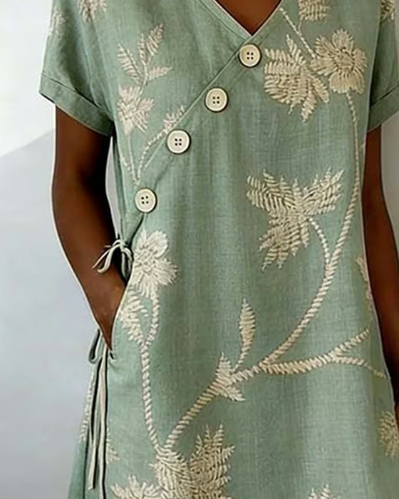 Diagonal Button Print V-Neck Midi Dress